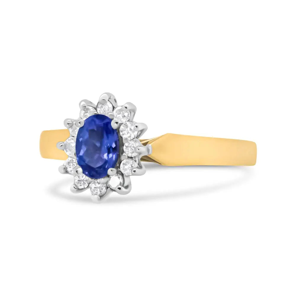 14k Yellow Gold 1/5 Cttw Round Diamond and 6x4mm Oval Blue Tanzanite Halo Ring (h-i Color I1-i2 Clarity) - Fine Jewelry