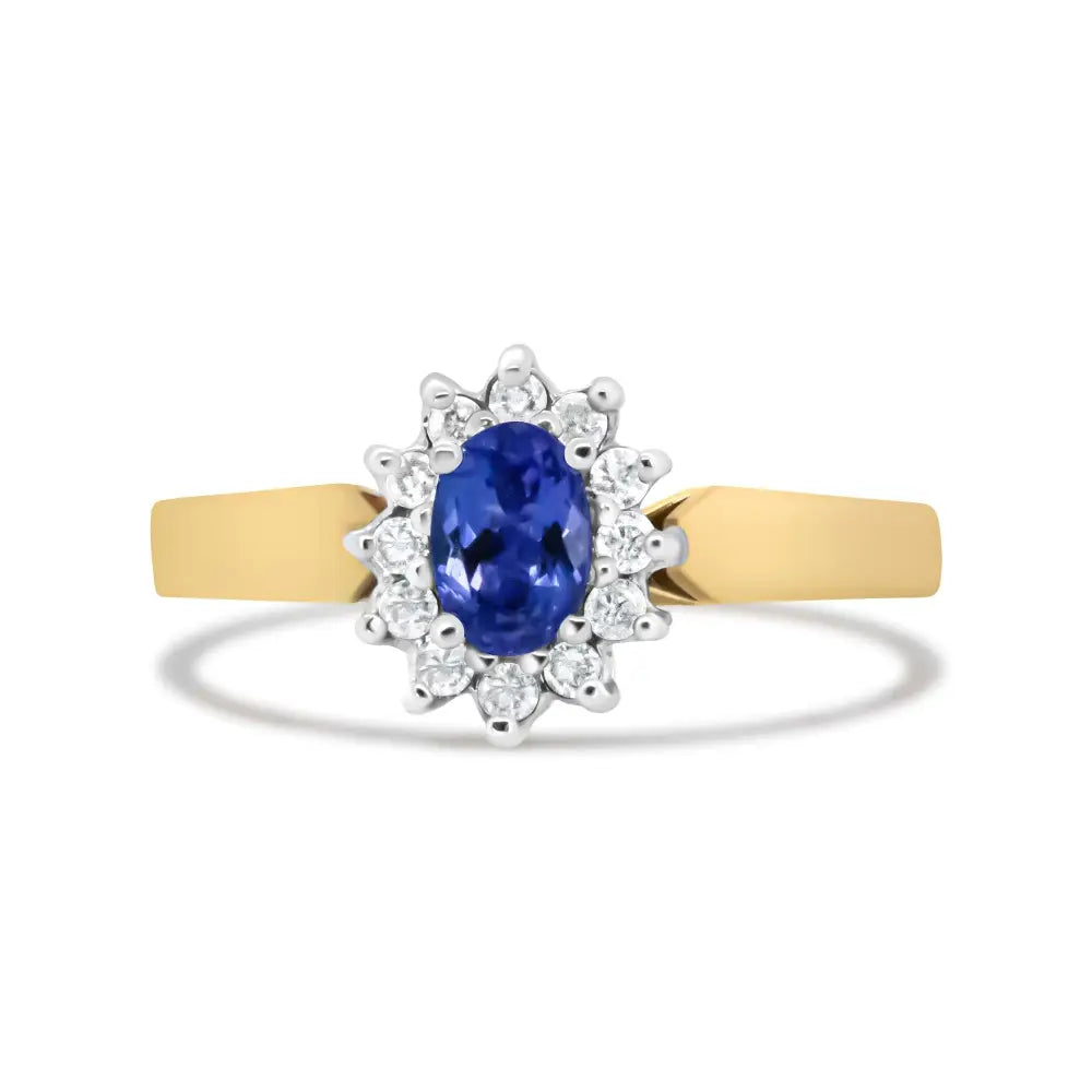 14k Yellow Gold 1/5 Cttw Round Diamond and 6x4mm Oval Blue Tanzanite Halo Ring (h-i Color I1-i2 Clarity) - Fine Jewelry