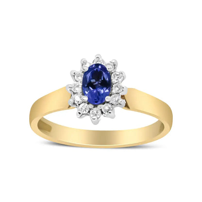 14k Yellow Gold 1/5 Cttw Round Diamond and 6x4mm Oval Blue Tanzanite Halo Ring (h-i Color I1-i2 Clarity) - Fine Jewelry