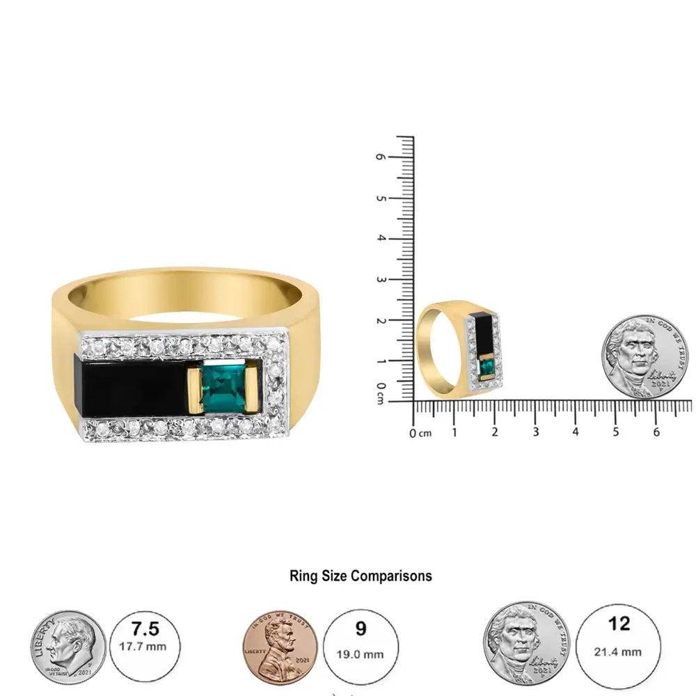 14k Yellow Gold 1/6 Cttw Round Diamond and Princess Emerald with Onyx Gemstone Gent’s Band (h-i Color I2 Clarity)