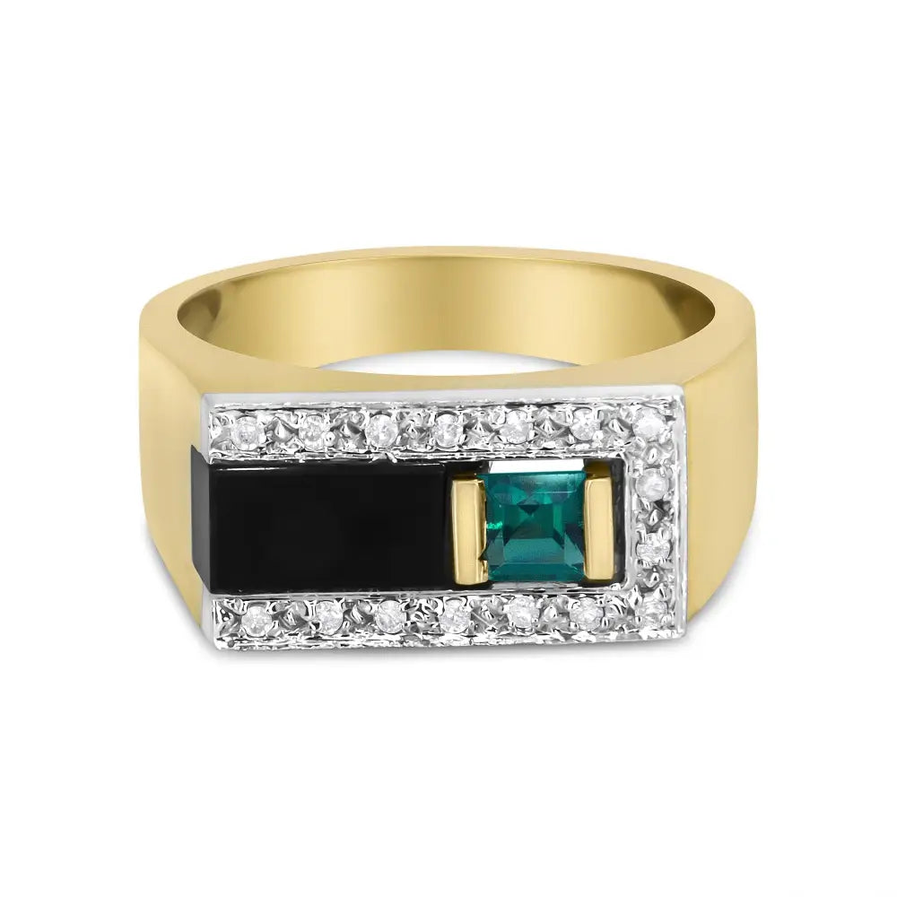 14k Yellow Gold 1/6 Cttw Round Diamond and Princess Emerald with Onyx Gemstone Gent’s Band (h-i Color I2 Clarity)