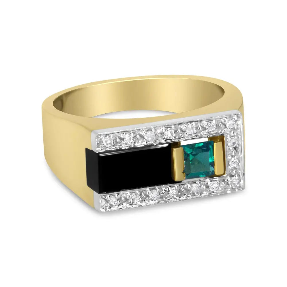 14k Yellow Gold 1/6 Cttw Round Diamond and Princess Emerald with Onyx Gemstone Gent’s Band (h-i Color I2 Clarity)