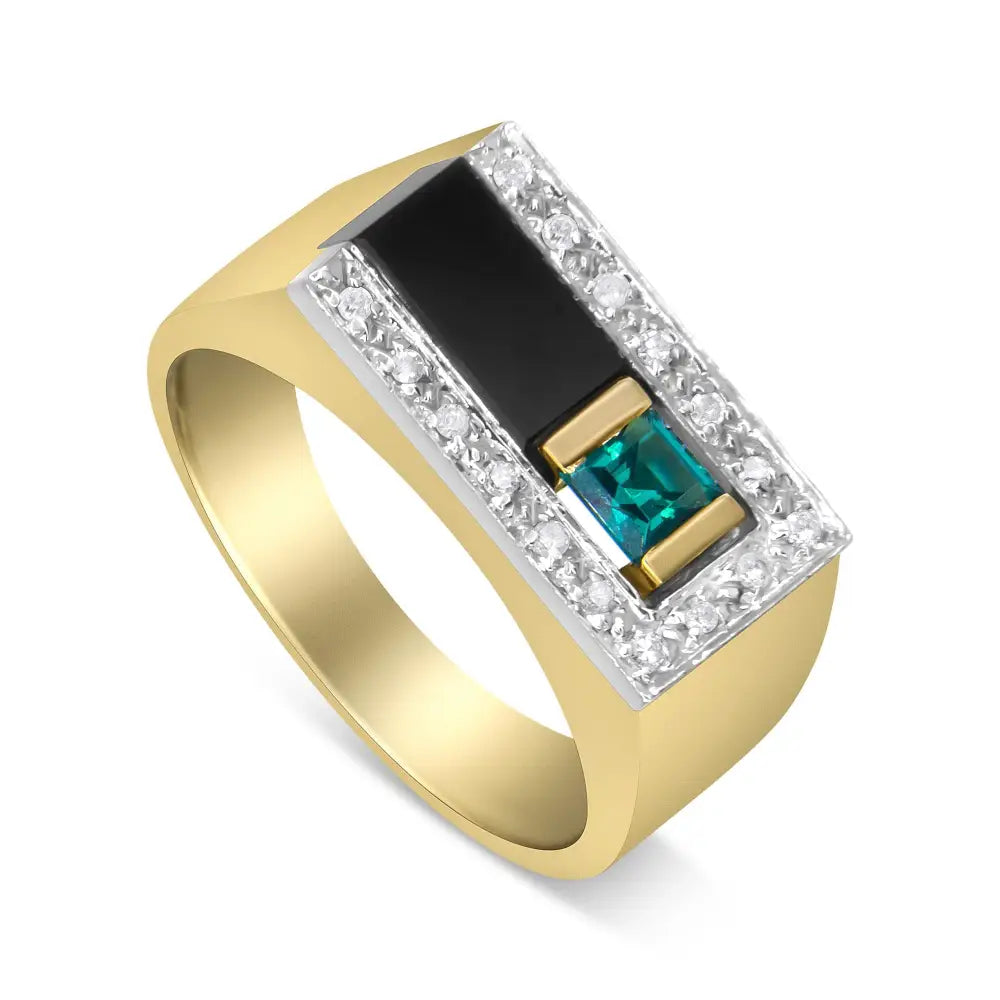 14k Yellow Gold 1/6 Cttw Round Diamond and Princess Emerald with Onyx Gemstone Gent’s Band (h-i Color I2 Clarity)