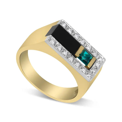 14k Yellow Gold 1/6 Cttw Round Diamond and Princess Emerald with Onyx Gemstone Gent’s Band (h-i Color I2 Clarity)