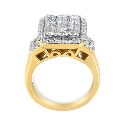 14k Yellow Gold 2 1/4 Cttw Round and Baguette-cut Diamond Emerald Shape with Halo Cocktail Ring (h-i Color Si1-si2