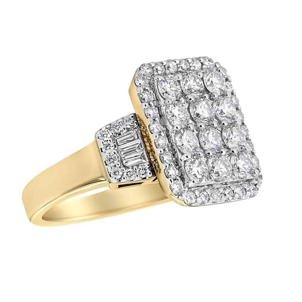 14k Yellow Gold 2 1/4 Cttw Round and Baguette-cut Diamond Emerald Shape with Halo Cocktail Ring (h-i Color Si1-si2