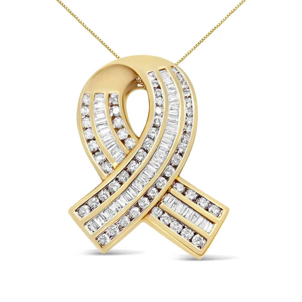 14k Yellow Gold 2 5/8 Cttw Channel Set White Diamond Awareness Ribbon Pendant Necklace (g-h Color Vs1-vs2 Clarity)