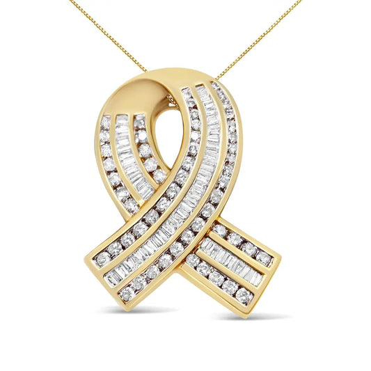 14k Yellow Gold 2 5/8 Cttw Channel Set White Diamond Awareness Ribbon Pendant Necklace (g-h Color Vs1-vs2 Clarity)