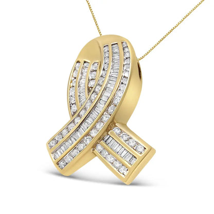 14k Yellow Gold 2 5/8 Cttw Channel Set White Diamond Awareness Ribbon Pendant Necklace (g-h Color Vs1-vs2 Clarity)