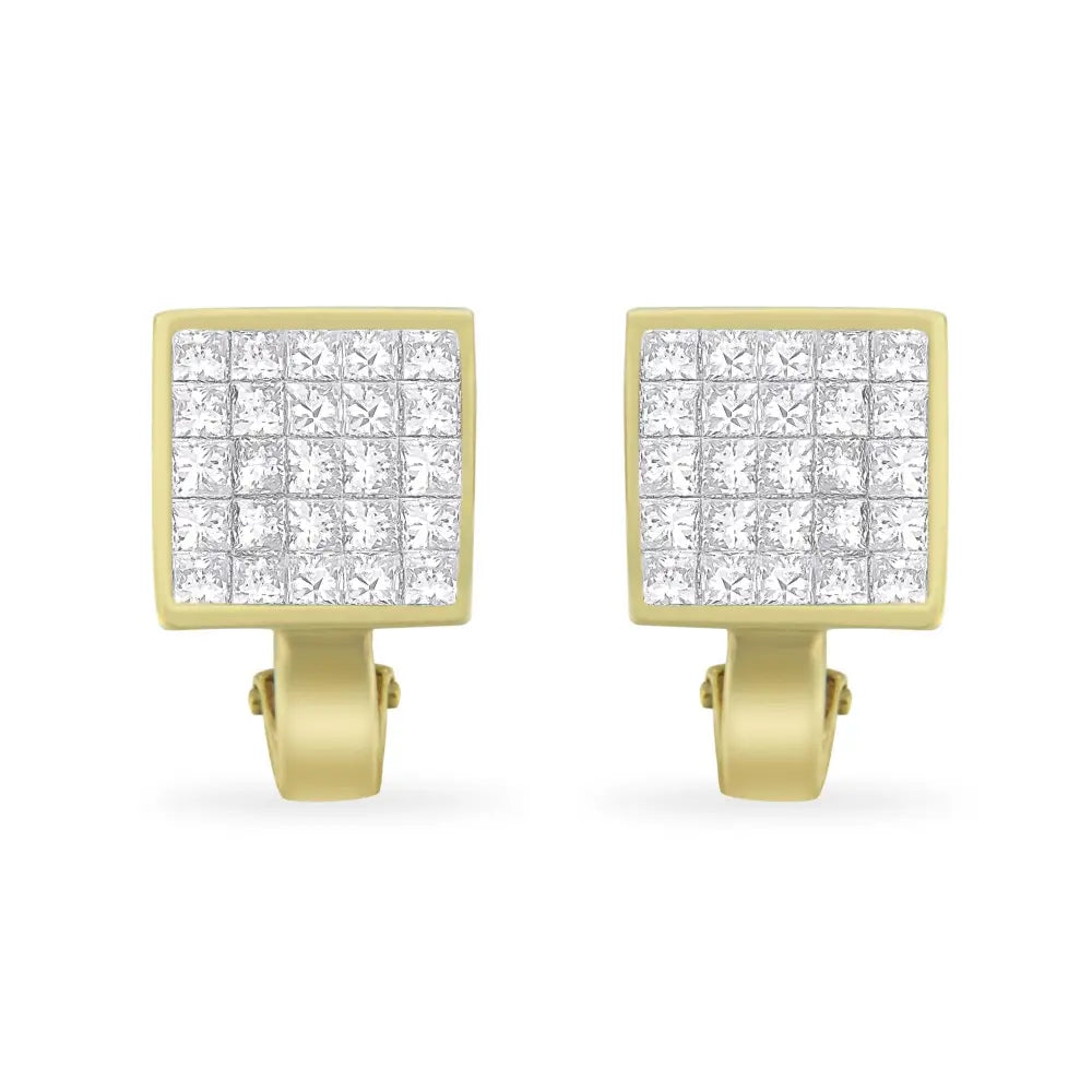 14k Yellow Gold 3-1/5 Cttw Princess Cut Diamond ¾ Square Invisible Set Grid Huggy Style Omega Back Stud Earrings (g-h