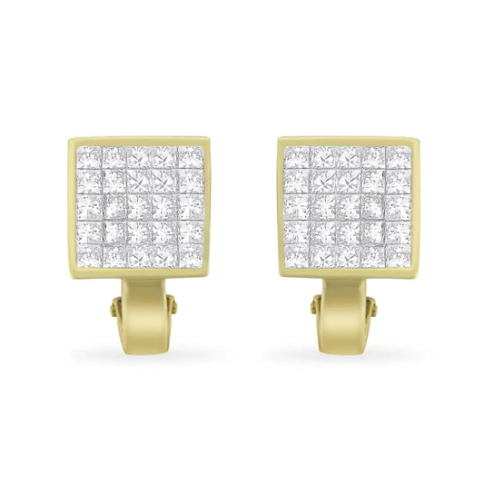 14k Yellow Gold 3-1/5 Cttw Princess Cut Diamond ¾ Square Invisible Set Grid Huggy Style Omega Back Stud Earrings (g-h