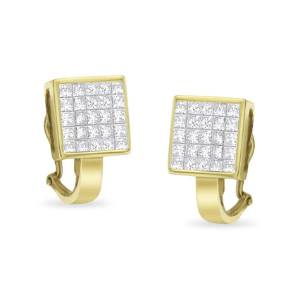 14k Yellow Gold 3-1/5 Cttw Princess Cut Diamond ¾ Square Invisible Set Grid Huggy Style Omega Back Stud Earrings (g-h