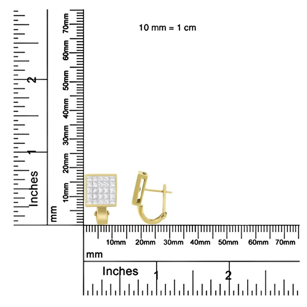 14k Yellow Gold 3-1/5 Cttw Princess Cut Diamond ¾ Square Invisible Set Grid Huggy Style Omega Back Stud Earrings (g-h