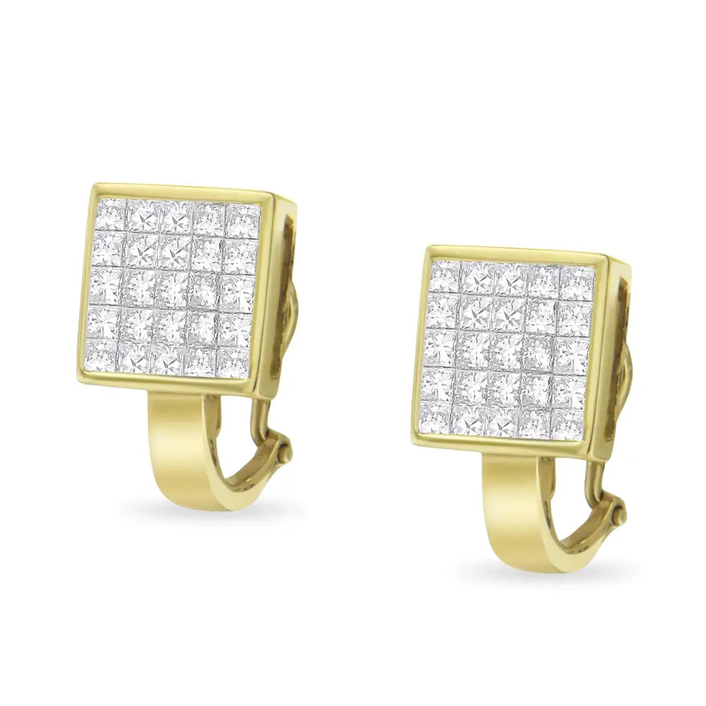 14k Yellow Gold 3-1/5 Cttw Princess Cut Diamond ¾ Square Invisible Set Grid Huggy Style Omega Back Stud Earrings (g-h