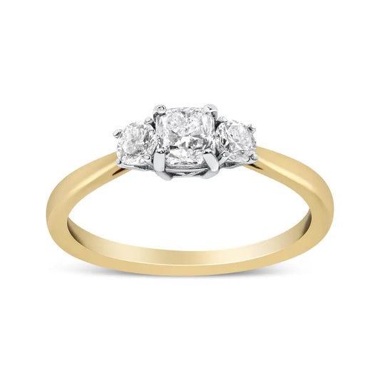 14k Yellow Gold 3/4 Cttw Cushion and Round-cut Diamond Bostonian Style 3 Stone Engagement Ring (i-j Color Si2-i1