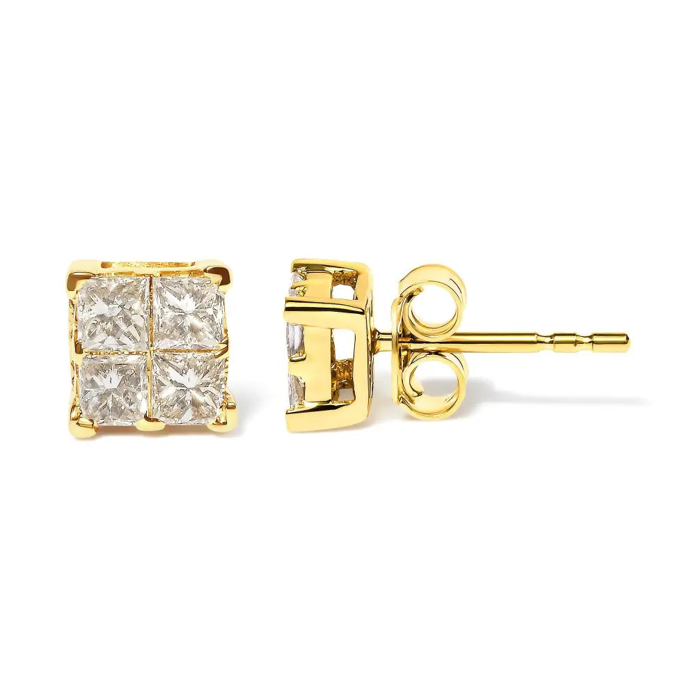 14k Yellow Gold 3/4 Cttw Invisible Set Princess-cut Diamond 4 Stone Square Stud Earrings (j-k Color Si2-i1 Clarity)