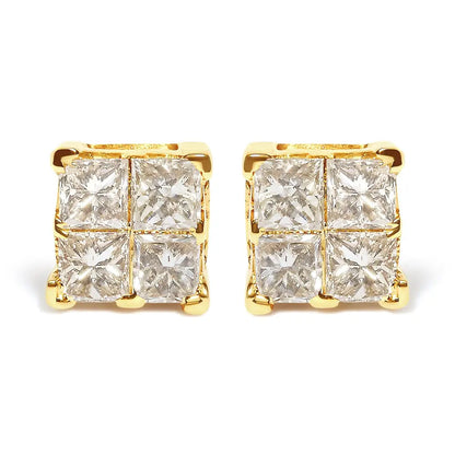 14k Yellow Gold 3/4 Cttw Invisible Set Princess-cut Diamond 4 Stone Square Stud Earrings (j-k Color Si2-i1 Clarity)