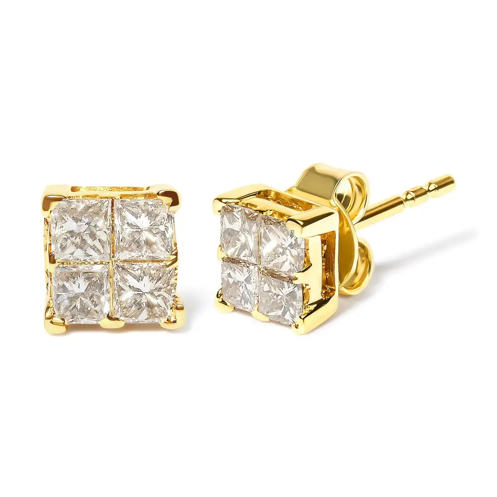 14k Yellow Gold 3/4 Cttw Invisible Set Princess-cut Diamond 4 Stone Square Stud Earrings (j-k Color Si2-i1 Clarity)