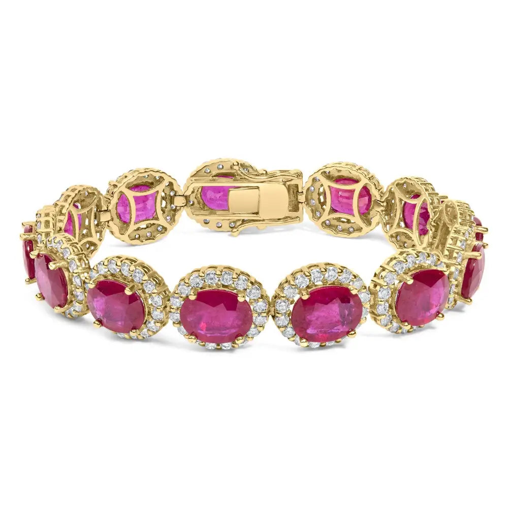 14k Yellow Gold 6 2/5 Cttw Diamond and 34.0 Oval Red Ruby Halo Link Bracelet (i-j Color Si1-si2 Clarity) - 7.25’’