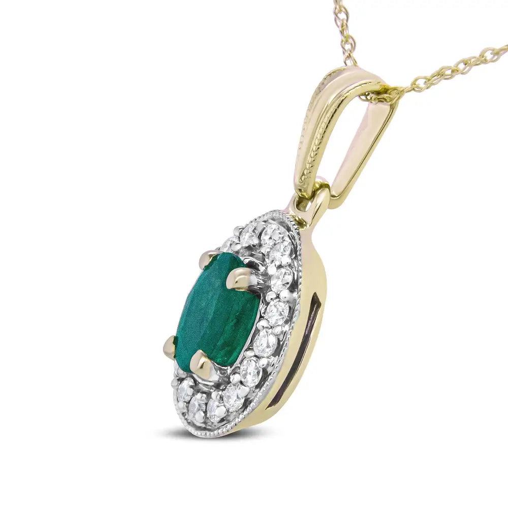 14k Yellow Gold 6x4mm Emerald and 1/5 Cttw Round Diamond Halo Pendant 18’’ Necklace - (h-i Color Si1-si2 Clarity)