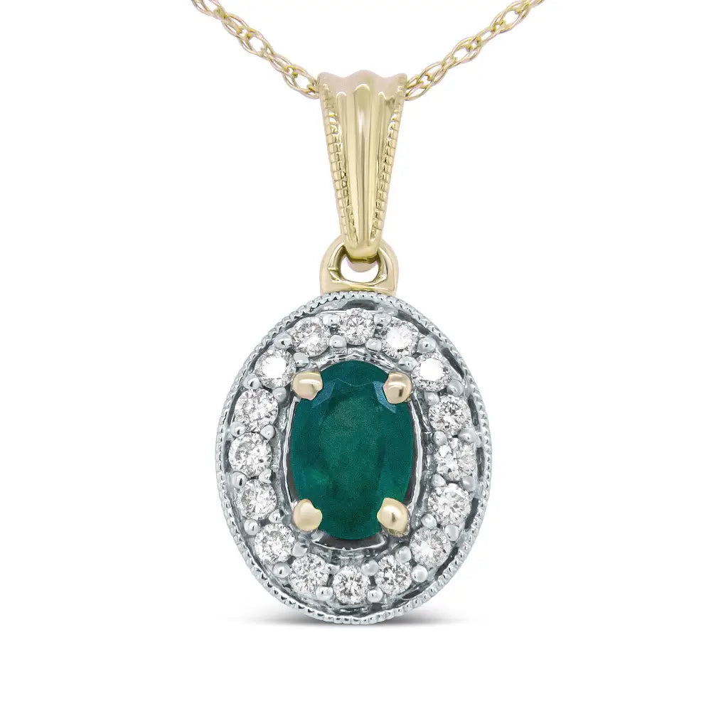 14k Yellow Gold 6x4mm Emerald and 1/5 Cttw Round Diamond Halo Pendant 18’’ Necklace - (h-i Color Si1-si2 Clarity)