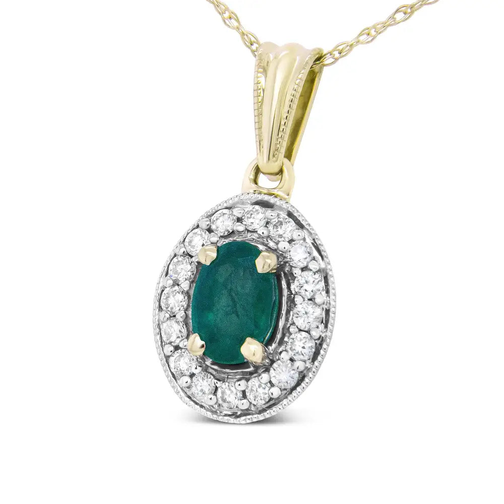 14k Yellow Gold 6x4mm Emerald and 1/5 Cttw Round Diamond Halo Pendant 18’’ Necklace - (h-i Color Si1-si2 Clarity)