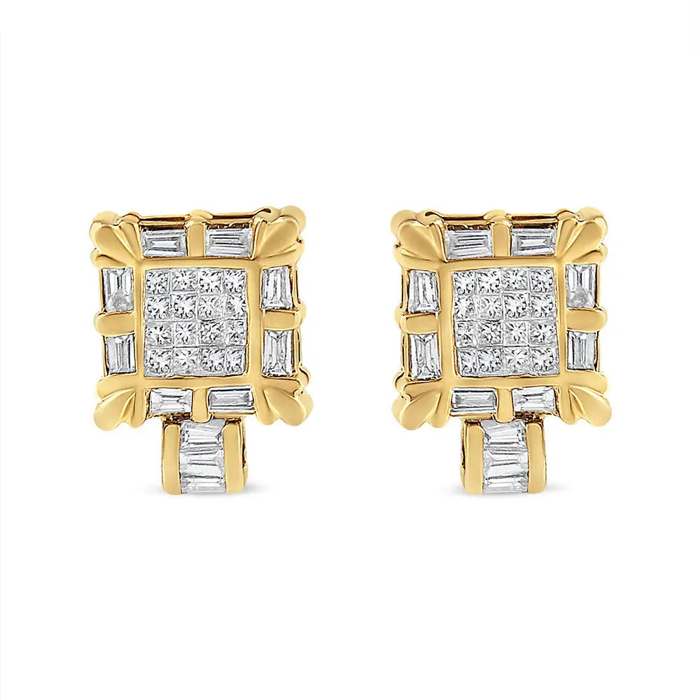 14k Yellow Gold 7/8 Cttw Princess and Baguette-cut Diamond Square Framed Huggie Hoop Omega Earrings (h-i Color Si1-si2