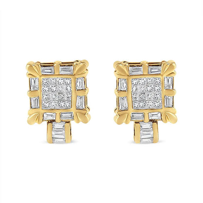 14k Yellow Gold 7/8 Cttw Princess and Baguette-cut Diamond Square Framed Huggie Hoop Omega Earrings (h-i Color Si1-si2