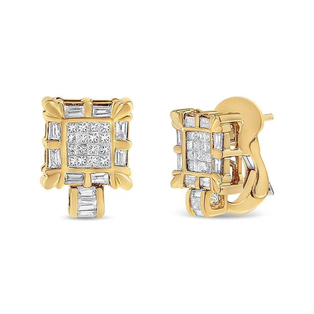 14k Yellow Gold 7/8 Cttw Princess and Baguette-cut Diamond Square Framed Huggie Hoop Omega Earrings (h-i Color Si1-si2