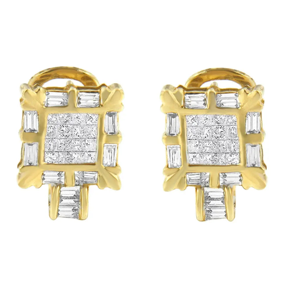 14k Yellow Gold 7/8 Cttw Princess and Baguette-cut Diamond Square Framed Huggie Hoop Omega Earrings (h-i Color Si1-si2