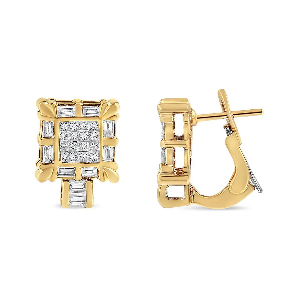 14k Yellow Gold 7/8 Cttw Princess and Baguette-cut Diamond Square Framed Huggie Hoop Omega Earrings (h-i Color Si1-si2