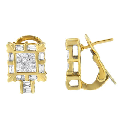 14k Yellow Gold 7/8 Cttw Princess and Baguette-cut Diamond Square Framed Huggie Hoop Omega Earrings (h-i Color Si1-si2