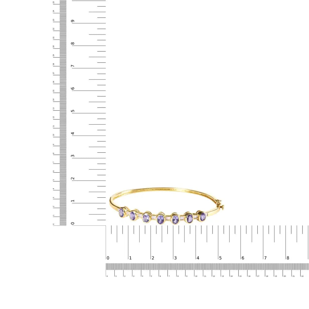 14k Yellow Gold Alternating Bezel Set 5mm Oval Shaped Tanzanite and 1/5 Cttw Diamond Bangle Bracelet (h-i Color Vs2-si1