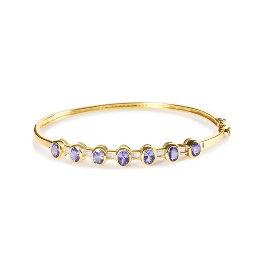 14k Yellow Gold Alternating Bezel Set 5mm Oval Shaped Tanzanite and 1/5 Cttw Diamond Bangle Bracelet (h-i Color Vs2-si1