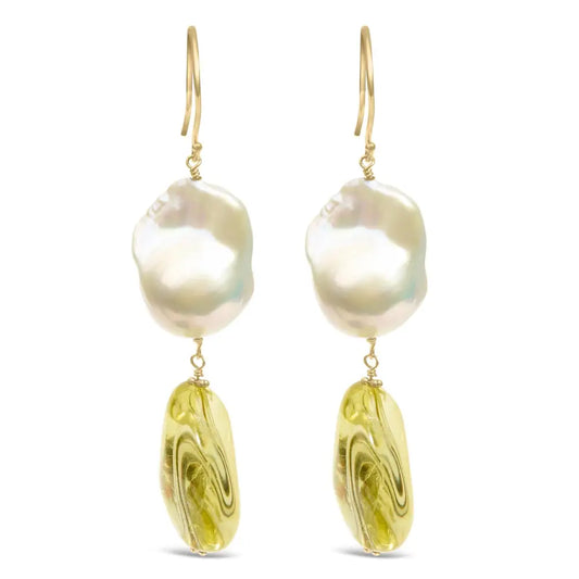 14k Yellow Gold Citrine and Baroque Pearl Drop Dangle Earrings 1 3/4 Inch - Fine Jewelry us Direct