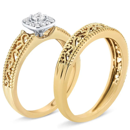 14k Yellow Gold Plated.925 Sterling Silver 1/5 Cttw Diamond Halo Bridal Set