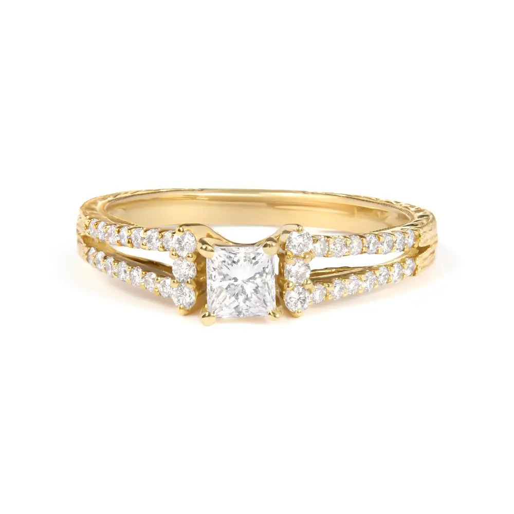 14k Yellow Gold Diamond 5/8 Cttw Princess Split Shank and Milgrain Engagement Ring (g-h Color Vs2-si1 Clarity) - Size 7