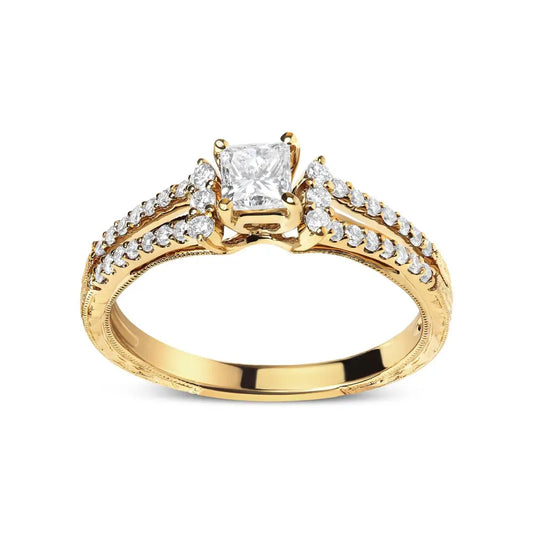 14k Yellow Gold Diamond 5/8 Cttw Princess Split Shank and Milgrain Engagement Ring (g-h Color Vs2-si1 Clarity) - Size 7