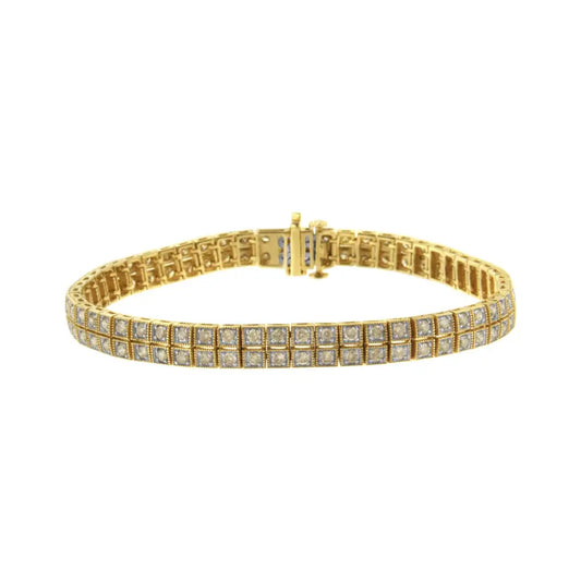 14k Yellow Gold Over.925 Sterling Silver 3.0 Cttw Diamond Double Row Square Milgrain Link 7” Tennis Bracelet (k-l