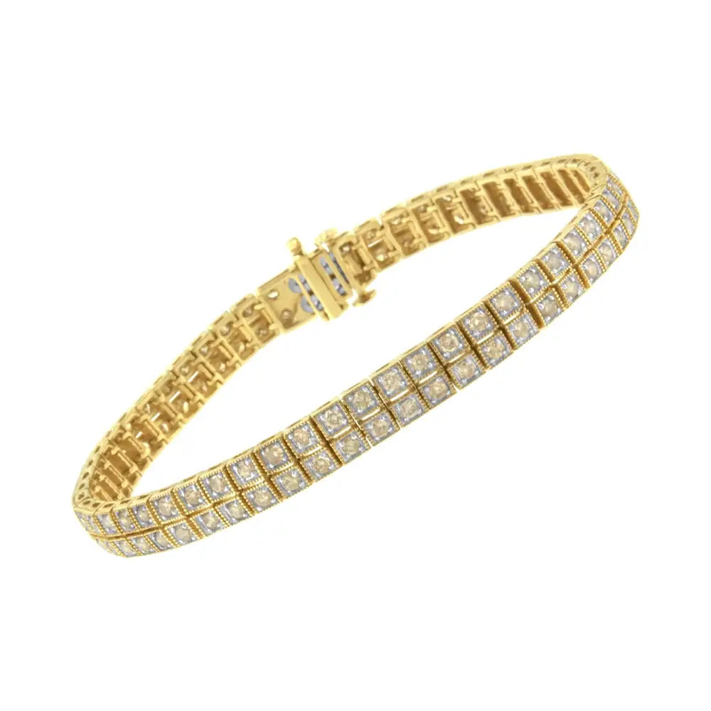 14k Yellow Gold Over.925 Sterling Silver 3.0 Cttw Diamond Double Row Square Milgrain Link 7” Tennis Bracelet (k-l