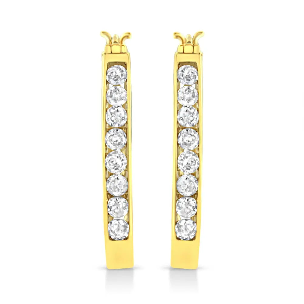 14k Yellow Gold Plated.925 Sterling Silver 1.0 Cttw Channel Set Brilliant Round Cut Diamond Hoop Earrings (j-k Color