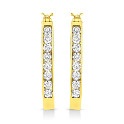 14k Yellow Gold Plated.925 Sterling Silver 1.0 Cttw Channel Set Brilliant Round Cut Diamond Hoop Earrings (j-k Color