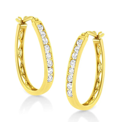 14k Yellow Gold Plated.925 Sterling Silver 1.0 Cttw Channel Set Brilliant Round Cut Diamond Hoop Earrings (j-k Color