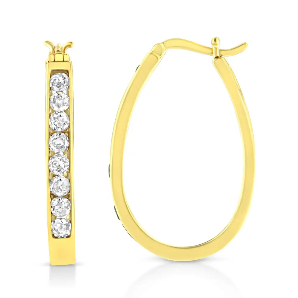 14k Yellow Gold Plated.925 Sterling Silver 1.0 Cttw Channel Set Brilliant Round Cut Diamond Hoop Earrings (j-k Color