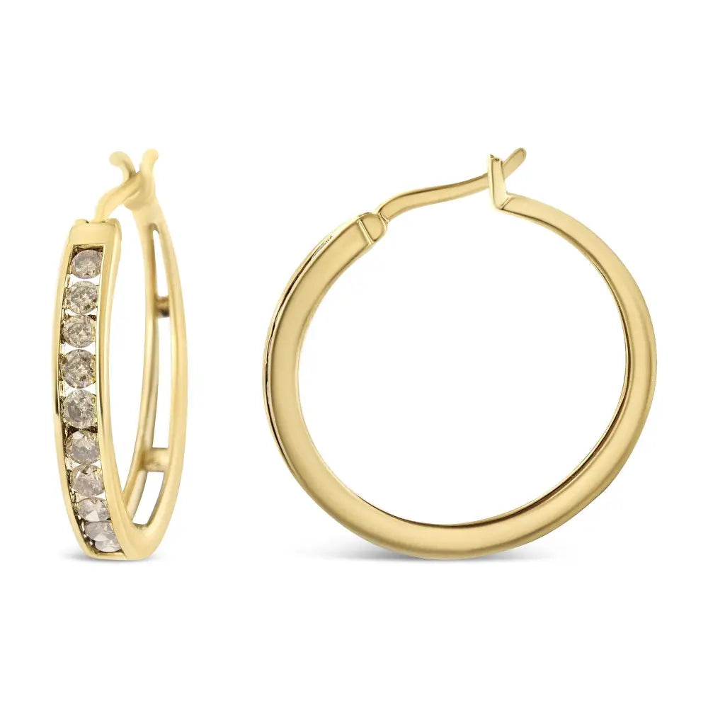 14k Yellow Gold Plated.925 Sterling Silver 1.0 Cttw Channel Set Champagne Diamond Hoop Earrings with Snap Post (k-l