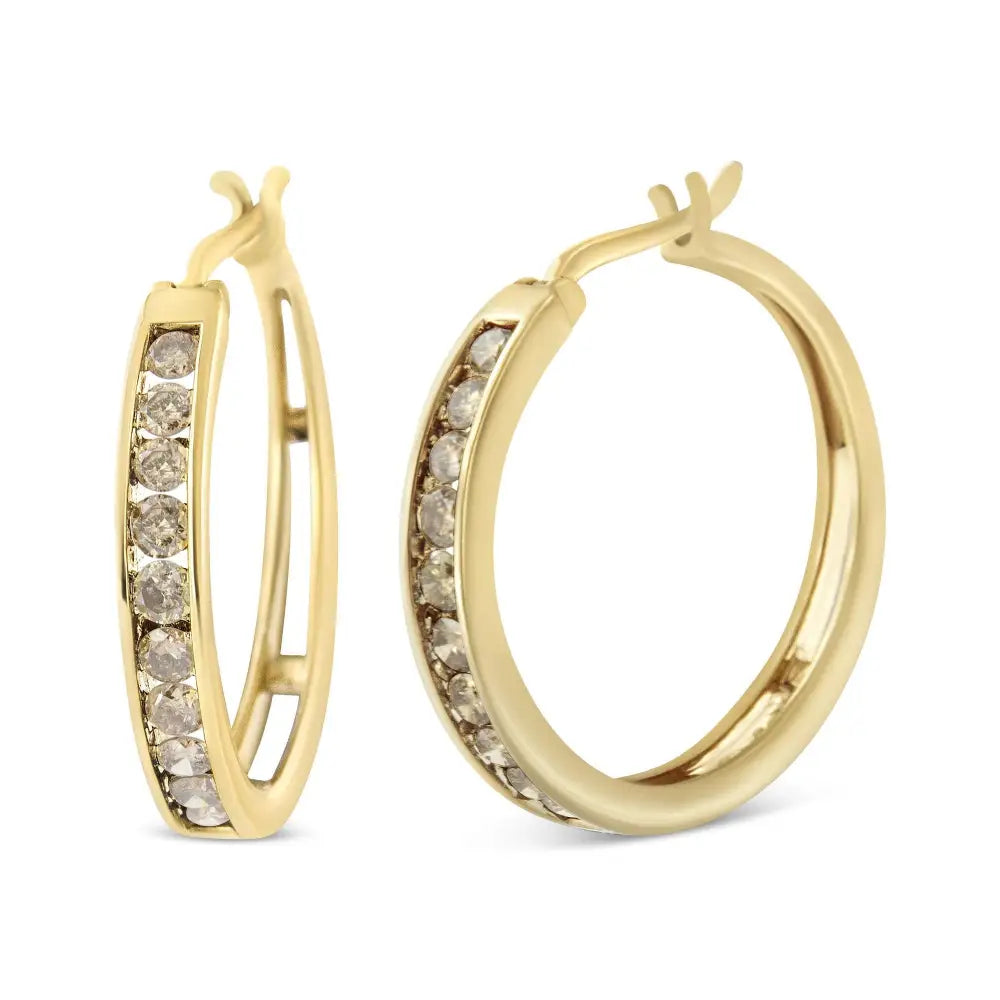 14k Yellow Gold Plated.925 Sterling Silver 1.0 Cttw Channel Set Champagne Diamond Hoop Earrings with Snap Post (k-l