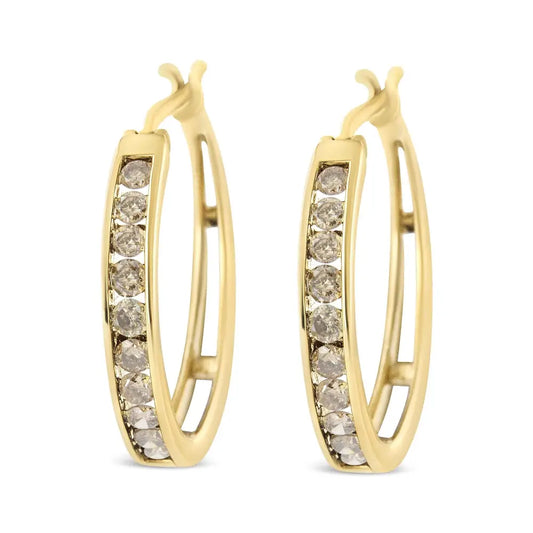 14k Yellow Gold Plated.925 Sterling Silver 1.0 Cttw Channel Set Champagne Diamond Hoop Earrings with Snap Post (k-l