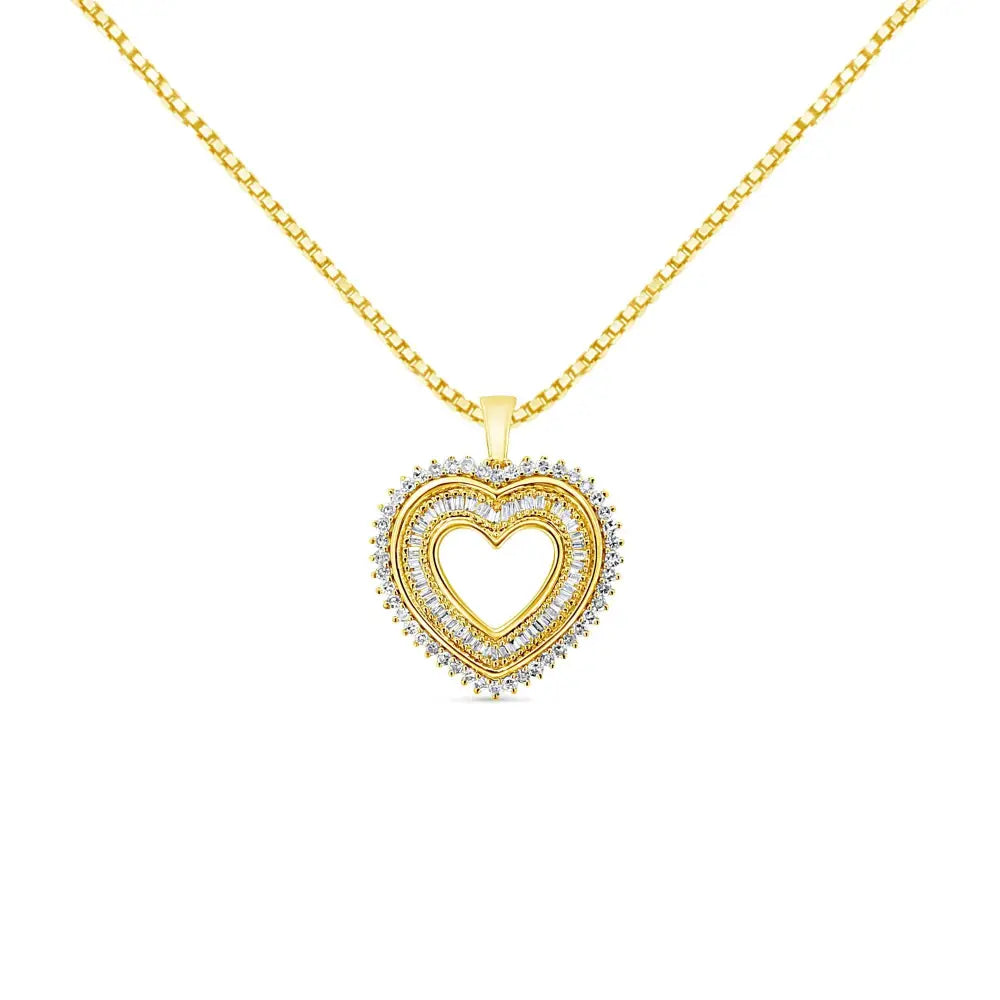 14k Yellow Gold Plated.925 Sterling Silver 1.0 Cttw Round and Baguette-cut Diamond Composite Hearth 18’’ Pendant