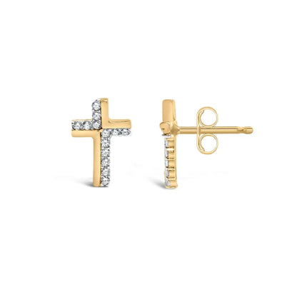 14k Yellow Gold Plated.925 Sterling Silver 1/10 Cttw Diamond Cross Stud Earring (i-j Color I3 Clarity) - Fine Jewelry