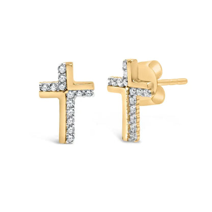 14k Yellow Gold Plated.925 Sterling Silver 1/10 Cttw Diamond Cross Stud Earring (i-j Color I3 Clarity) - Fine Jewelry